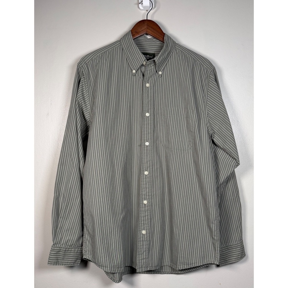 Eddie Bauer Button Down Shirt Long Sleeve Med 100% Cotton Striped Olive Green
